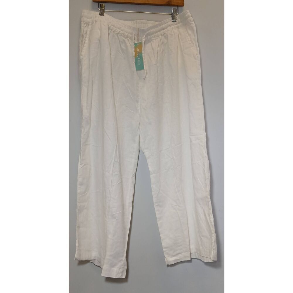 Ecupper womens xl linen cotton white pants Hi Rise Wide Leg cropped - Picture 2 of 10
